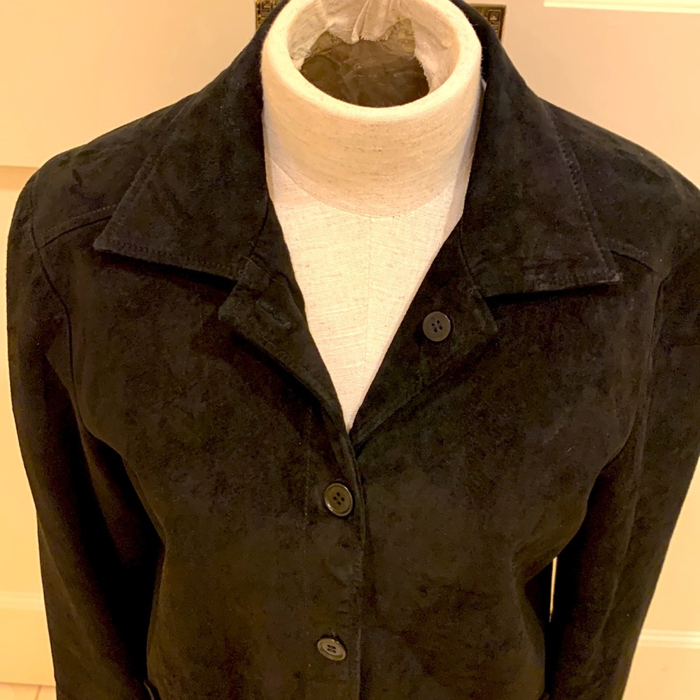 NEW FRONTIER BLACK SUEDE BUTTON UP JACKET WITH REMOVABLE TIE BELT- SIZE SMALL - Picture 3 of 10